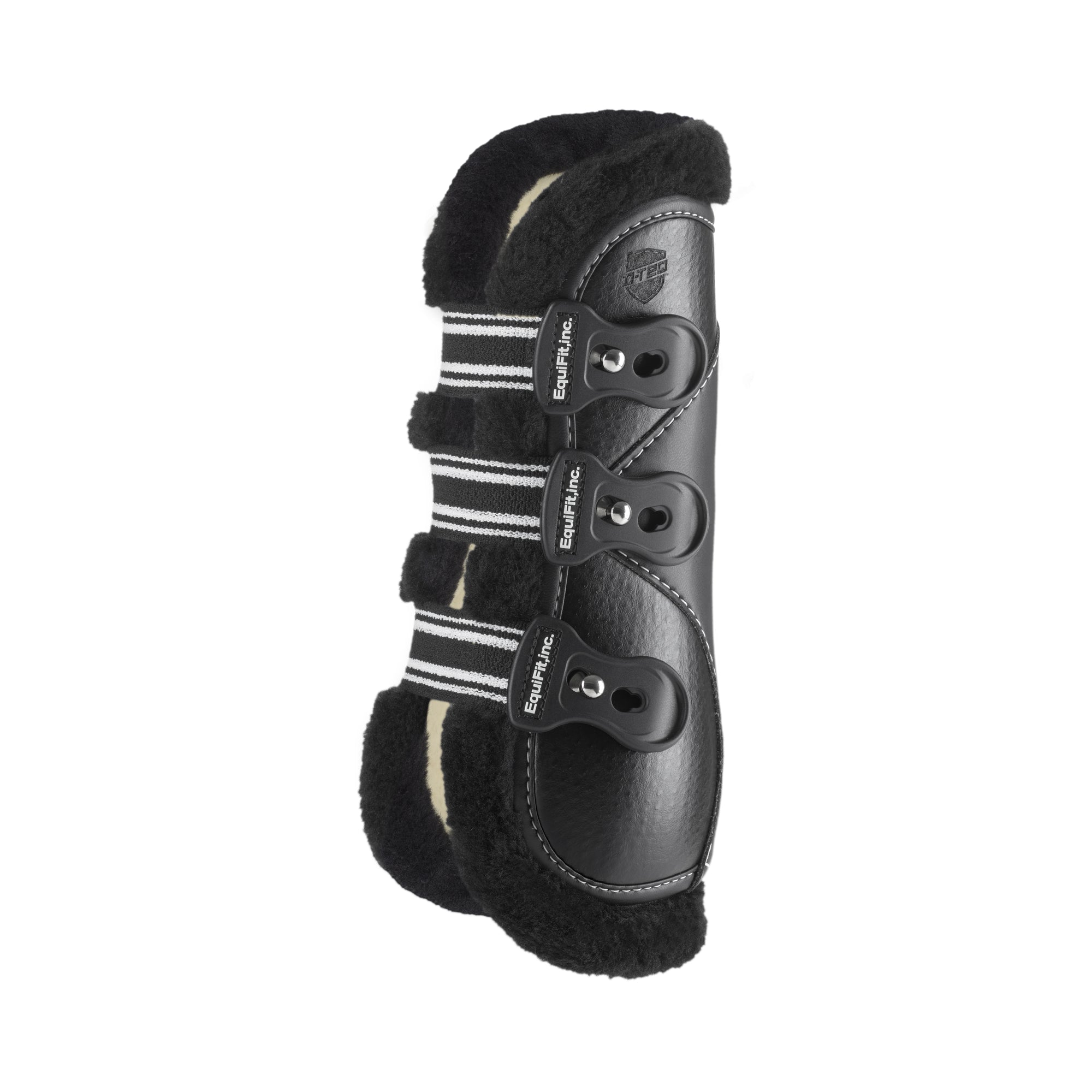 Front- side view of a Front Horse boots with a black ostrich EverLeather and a Black Ultrawool Liner. Boot has two elastic straps with iconic EquiFit Black and White Stripes. 