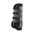 Front- side view of a Front Horse boots with a black ostrich EverLeather and a Black Ultrawool Liner. Boot has two elastic straps with iconic EquiFit Black and White Stripes. 